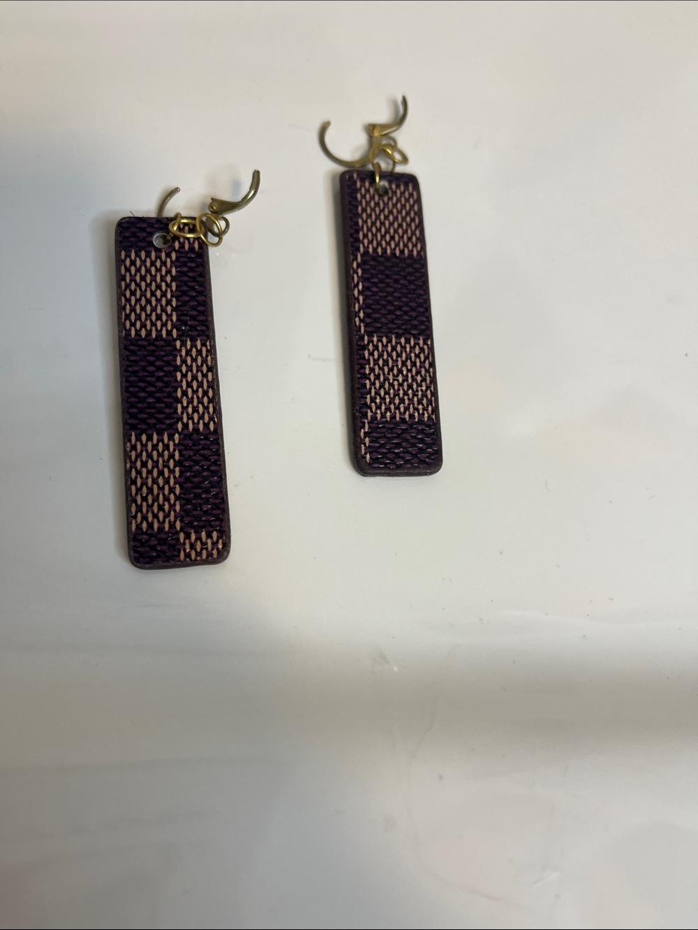 Checker-Pattern Rectangular Drop Earrings in Brown & Tan - Picture 2 of 4